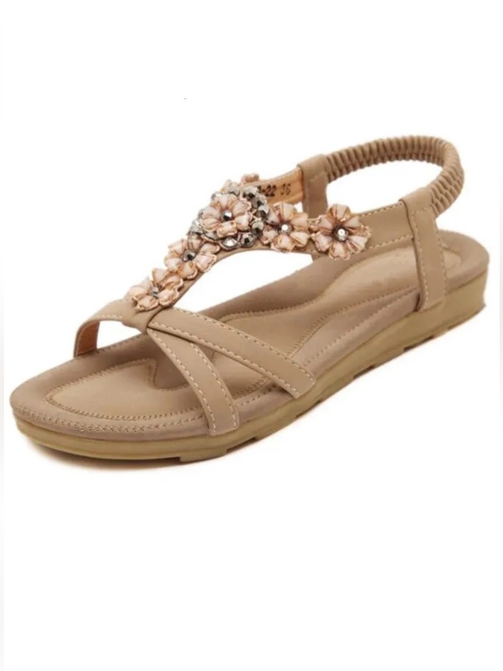 Tan slip on Floral gem and bead embellished Women's cushioned Sandals